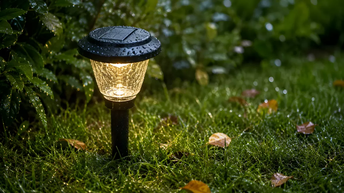 Solar-Gartenleuchte leuchtet nach Regen im Gras
