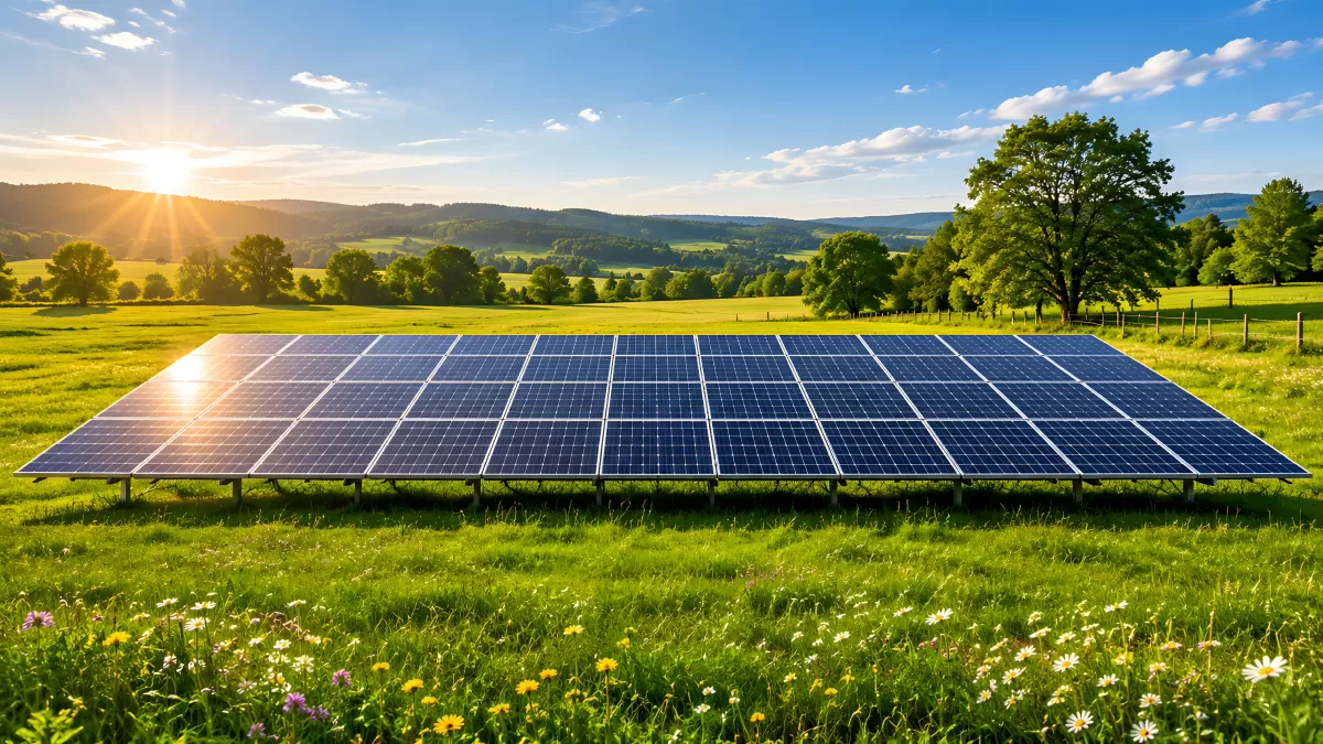 Solaranlage auf grüner Wiese im Sonnenlicht