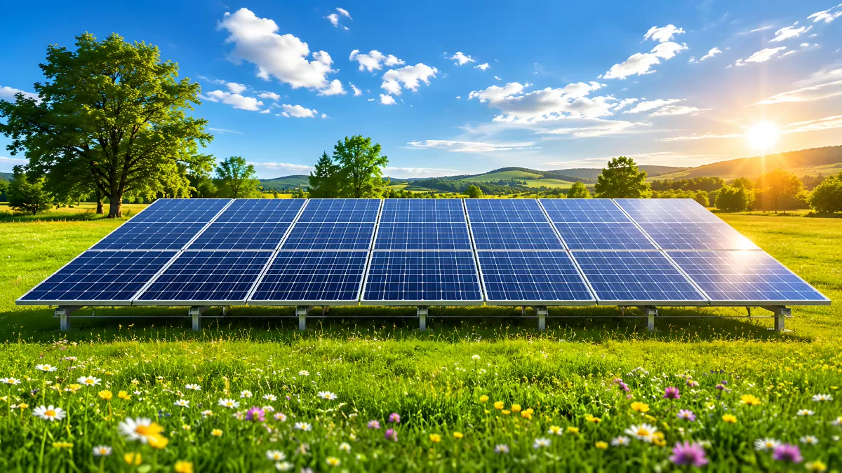 Solaranlage auf grüner Wiese im Sonnenschein
