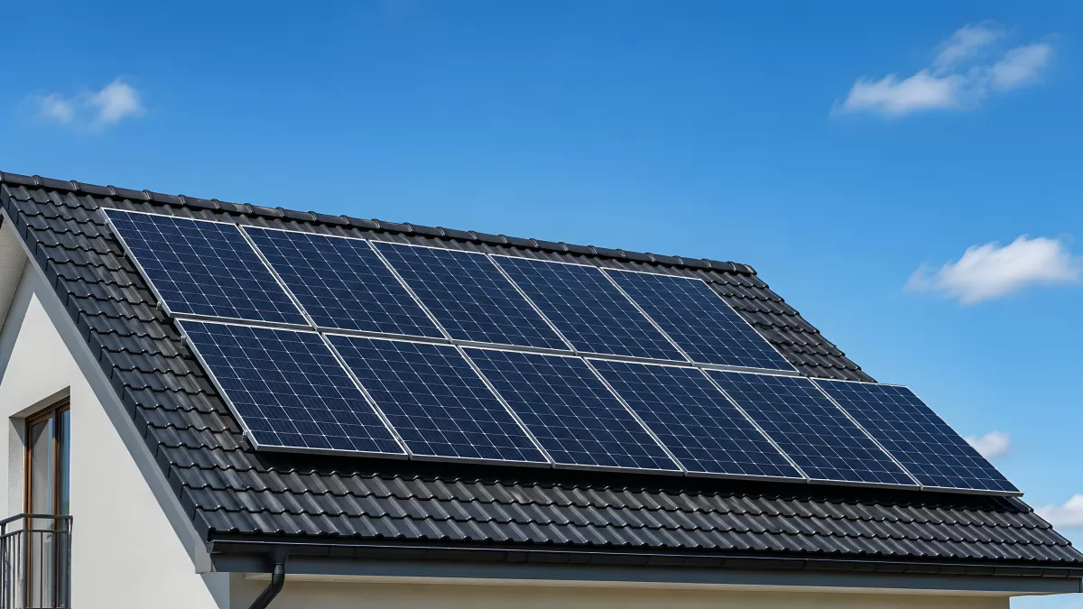 Solaranlage auf Hausdach mit blauem Himmel