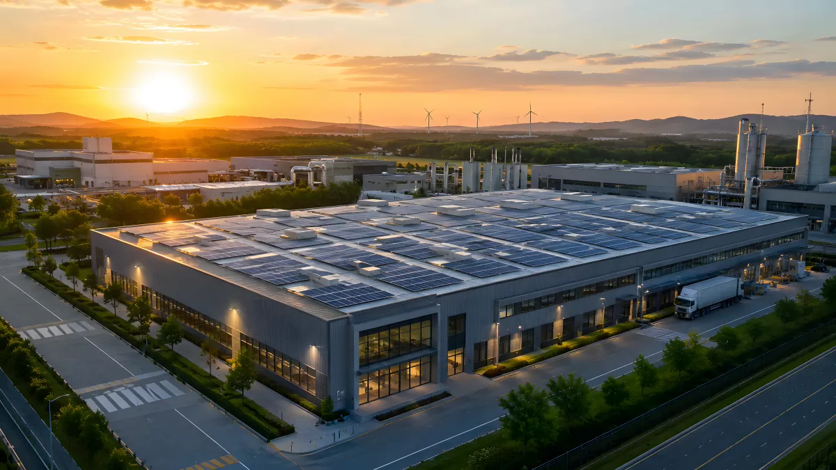 Solaranlage auf Industriegebäude im Abendlicht