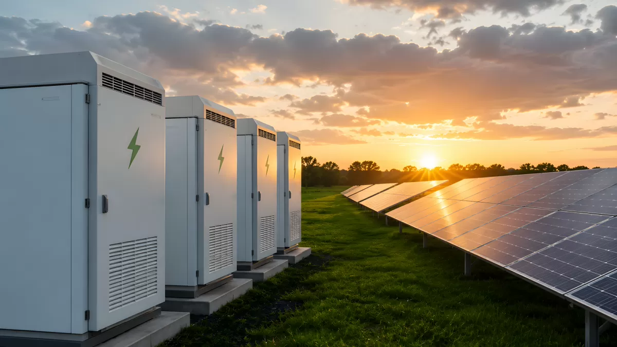Solaranlage mit Batteriespeichern bei Sonnenuntergang