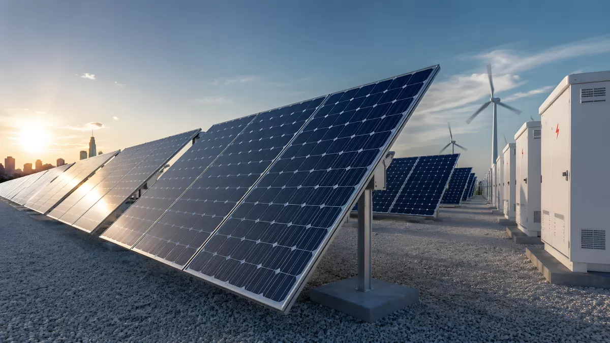 Solaranlage mit Windrädern und Energiespeichern bei Sonnenuntergang