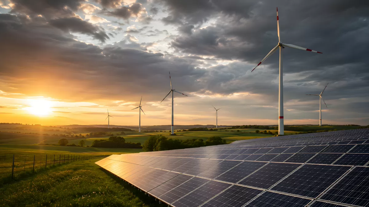 Solaranlage und Windräder bei goldenem Sonnenuntergang