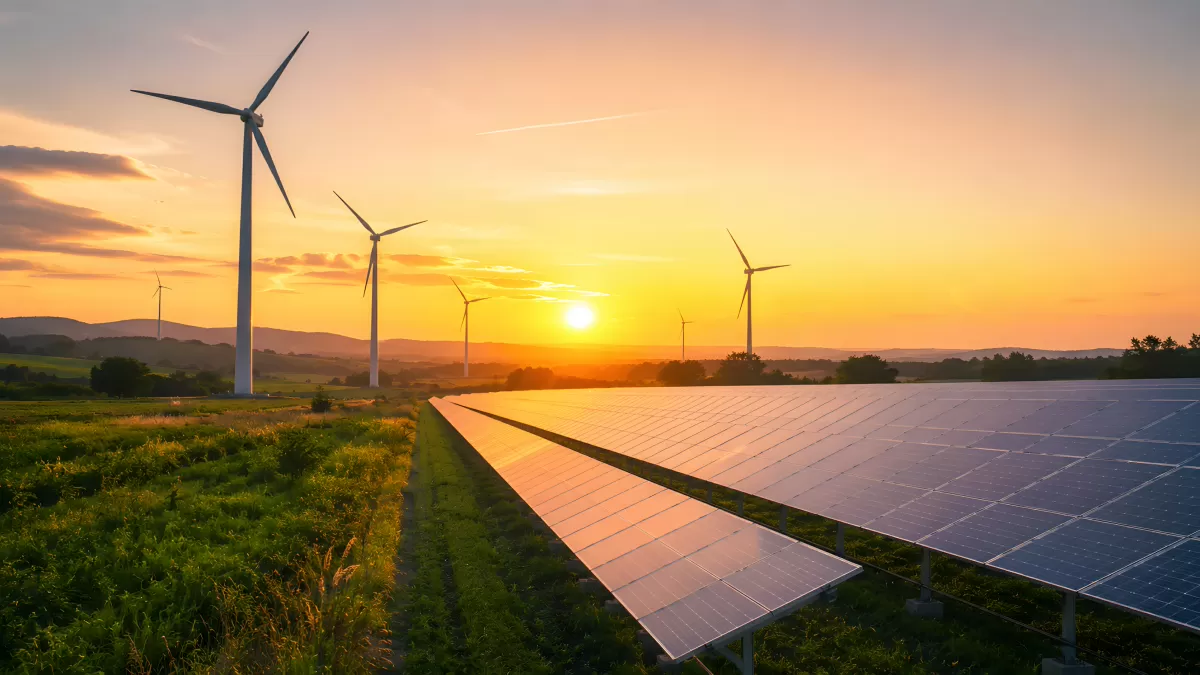 Solaranlage und Windräder im Abendlicht