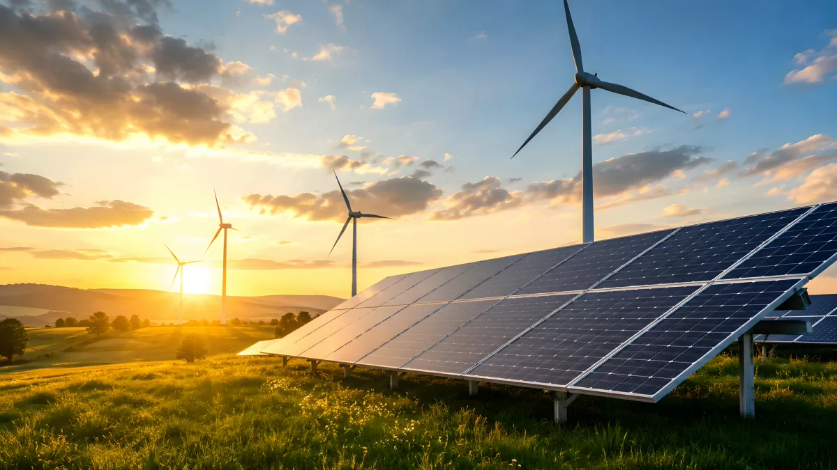 Solaranlage und Windräder im Sonnenuntergang