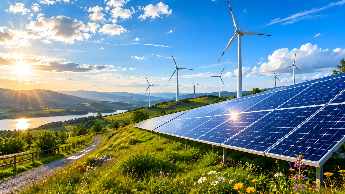 Solaranlage und Windräder in grüner Hügellandschaft