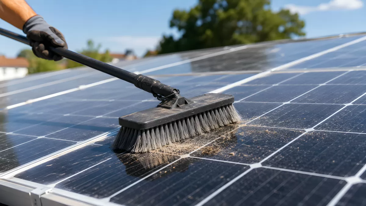 Solaranlage wird mit Bürste von Schmutz befreit