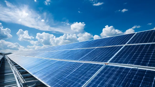 Solare Energie auf Hausdach mit blauem Himmel