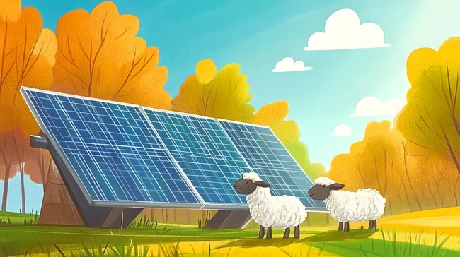 Solarenergie und Schafe auf herbstlicher Wiese