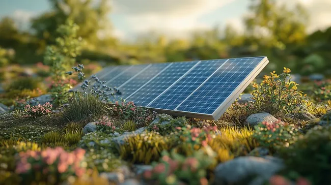 Solarpanel inmitten einer blühenden Gartenlandschaft