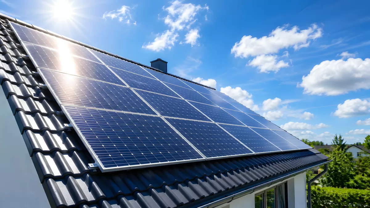 Solarpanele auf Ziegeldach im strahlenden Sonnenlicht