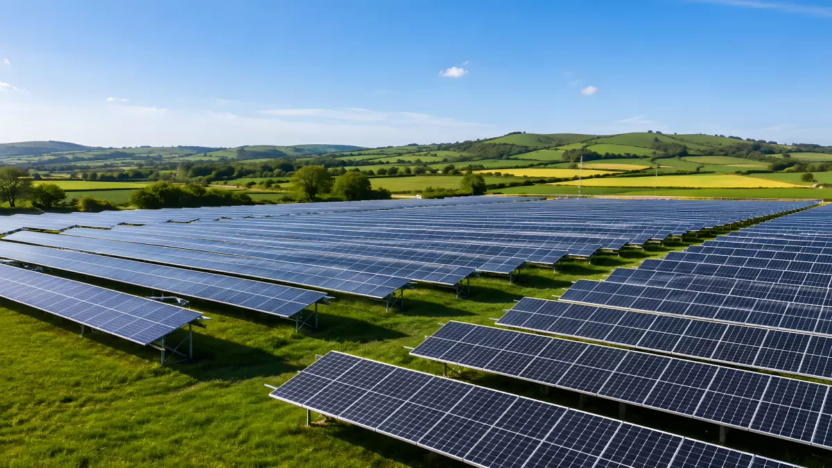 Solarpark auf grüner Wiese mit Hügellandschaft