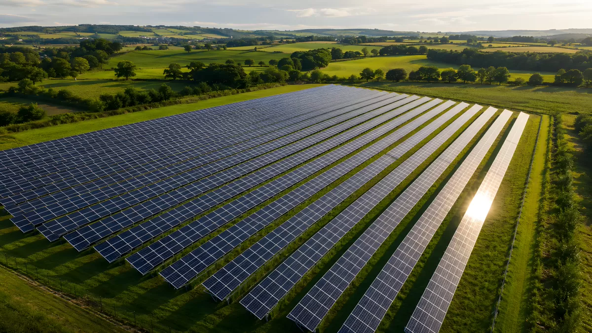 Solarpark aus der Vogelperspektive in grüner Landschaft