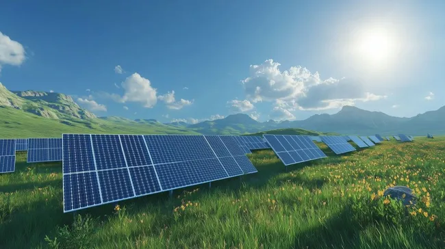 Solarpark mit Berglandschaft im Hintergrund