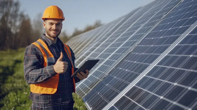 Solartechniker begutachtet Solarmodule auf Freigelände