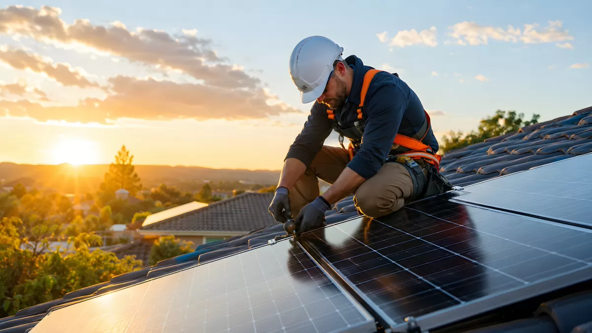 Solartechniker installiert Photovoltaikanlage auf Hausdach