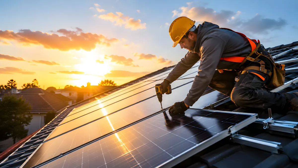 Solartechniker installiert Photovoltaikanlage bei Sonnenuntergang