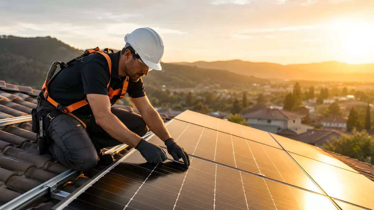 Solartechniker installiert Photovoltaikmodule auf Hausdach