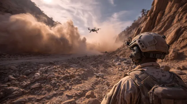 Soldat beobachtet Drohne in der Wüste