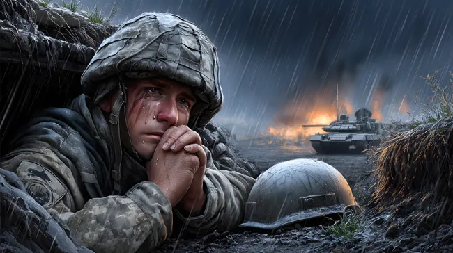 Soldat im Schützengraben bei Regen mit Panzer und Explosion