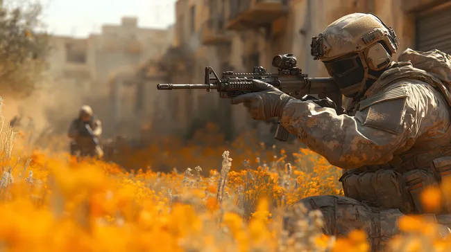 Soldat in staubiger Ruinenlandschaft mit Blumen