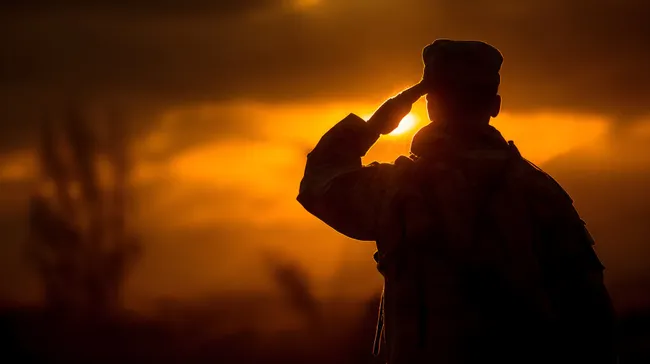 Soldat salutiert bei Sonnenuntergang - Symbol für Ehre und Abschied