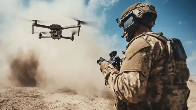 Soldat startet Drohne in staubiger Wüstenlandschaft