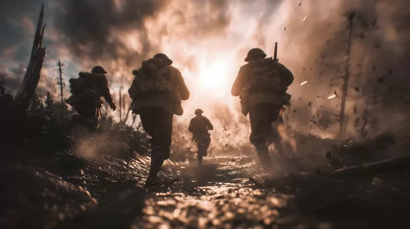 Soldaten im Gefecht auf zerstörtem Schlachtfeld bei Sonnenuntergang