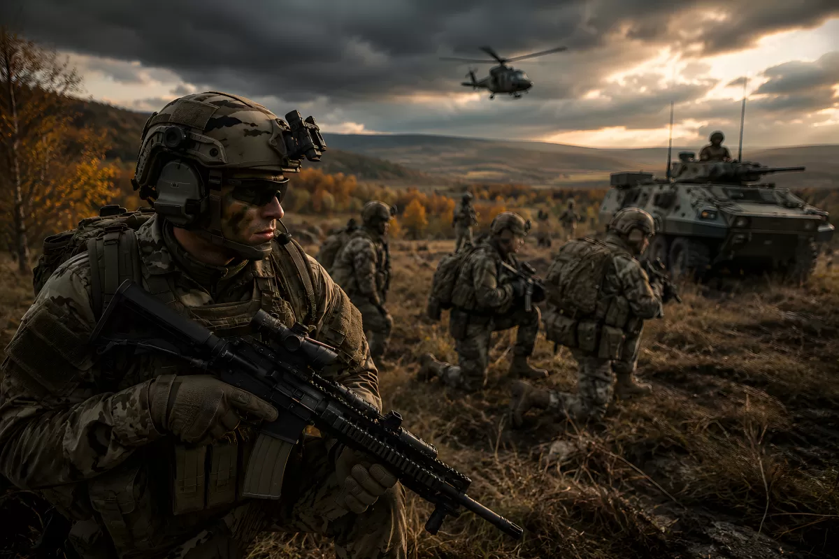 Soldaten im Gelände mit Panzerfahrzeug und Hubschrauber