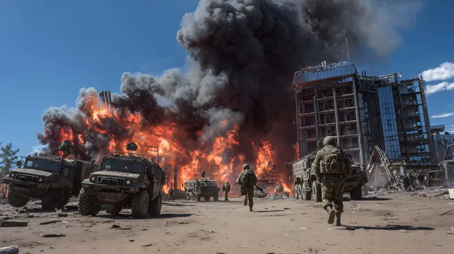 Soldaten inmitten zerstörter Stadt im Kriegskonflikt