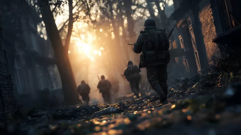 Soldaten marschieren durch zerstörte Stadt im Krieg