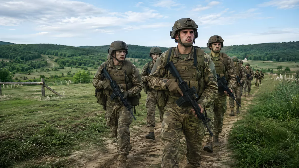 Soldaten marschieren in Kampfausrüstung durch Hügellandschaft