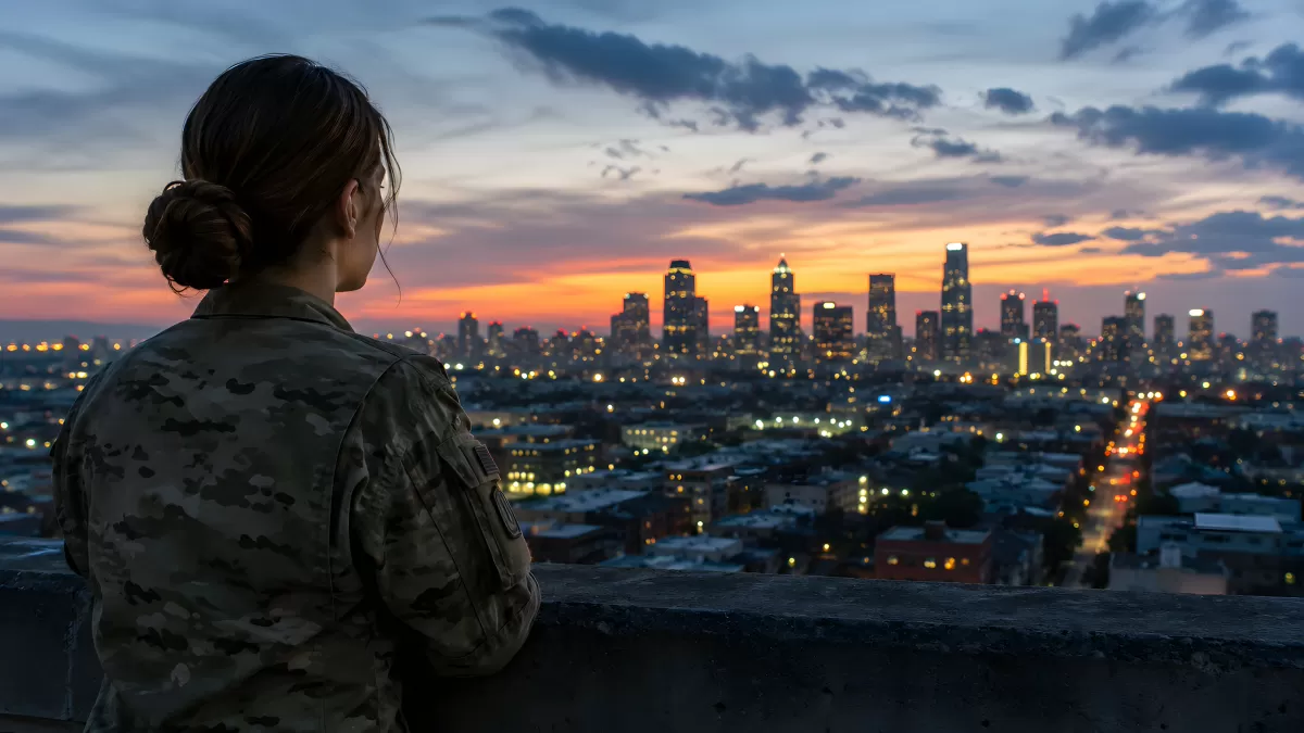 Soldatin betrachtet Stadtpanorama bei Sonnenuntergang