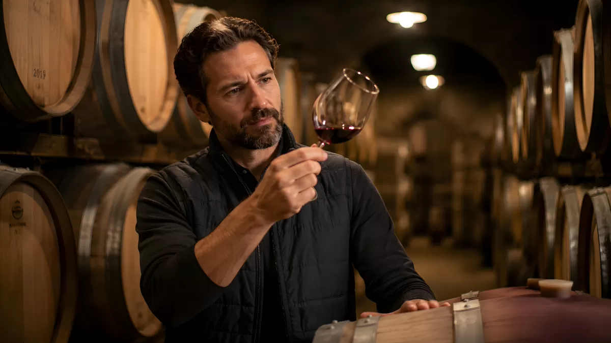 Sommelier prüft Rotwein im Weinkeller mit Fässern
