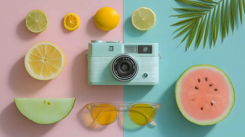 Sommer Collage mit Kamera Früchten und Sonnenbrille