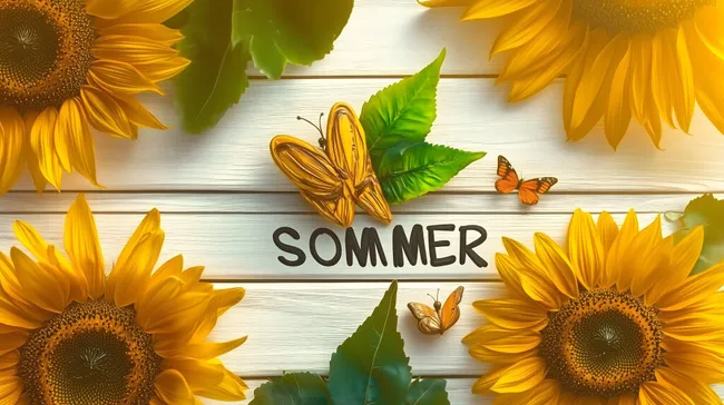 Sommer-Deko mit Sonnenblumen und Schmetterlingen auf Holz