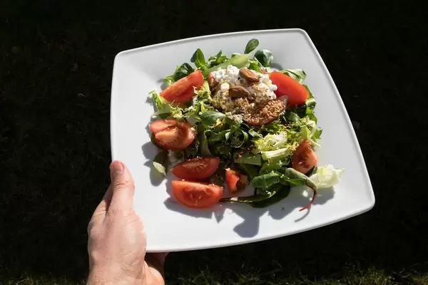 Sommer-Salat mit Mangold, Tomaten, Frischkäse, Mandeln und Leinsamen