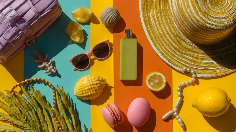 Sommeraccessoires auf buntem Hintergrund