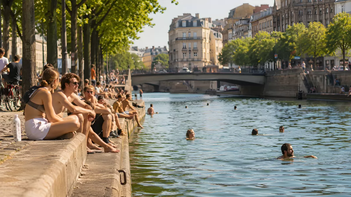 Sommeralltag am Kanal in Paris mit Badenden