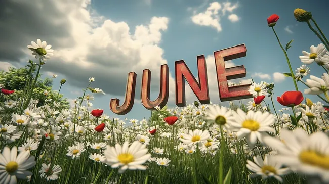 Sommerblumenwiese mit Juni-Schriftzug