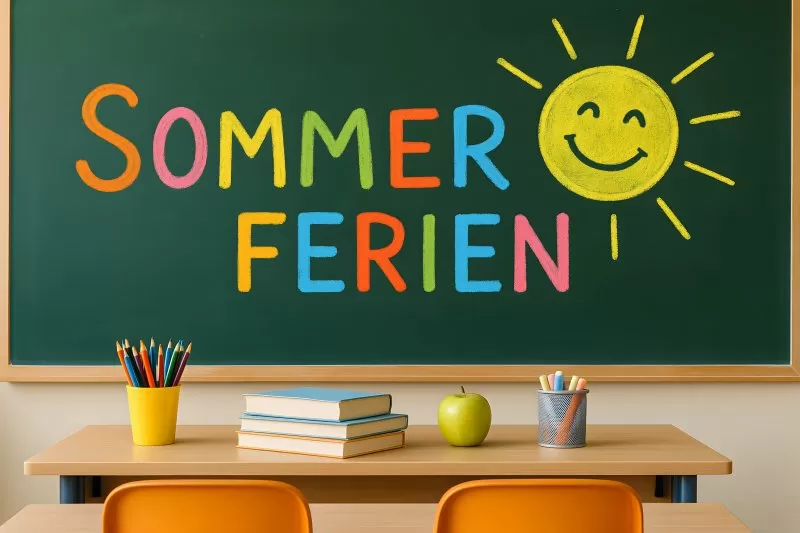 Sommerferien Text auf Schultafel mit Apfel und Büchern
