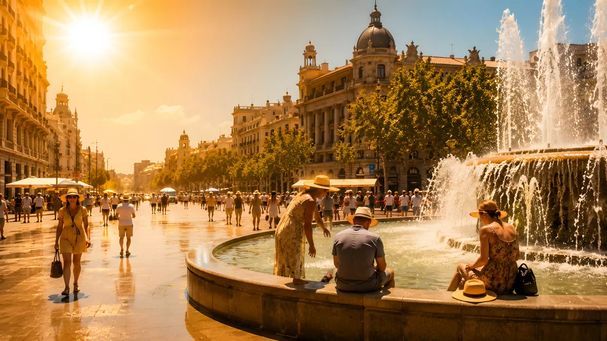 Sommerhitze am Brunnen auf belebtem Stadtplatz