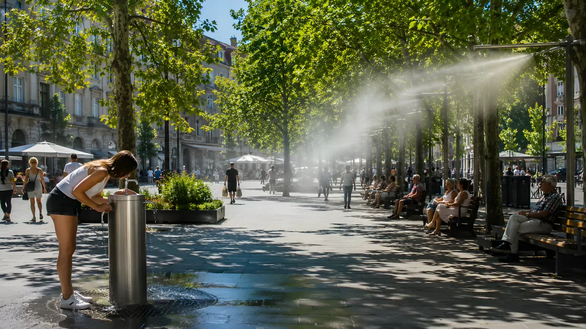 Sommerhitze in der Stadt – Brunnen und Nebeldusche