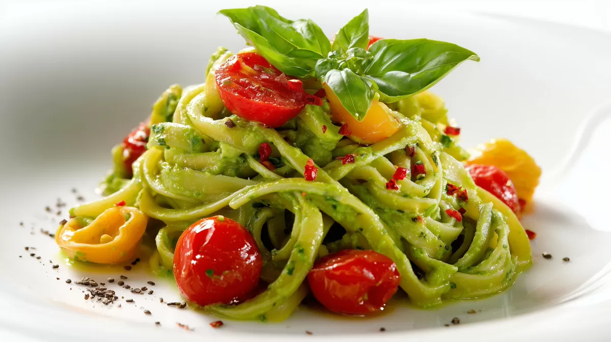 Sommerliche Avocado Pasta mit Tomaten und Basilikum