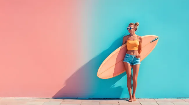 Sommerliche Strandidylle mit Surfbrett vor farbenfroher Wand