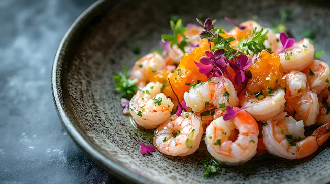 Sommerlicher Garnelensalat mit Zitrusfrüchten und Blüten