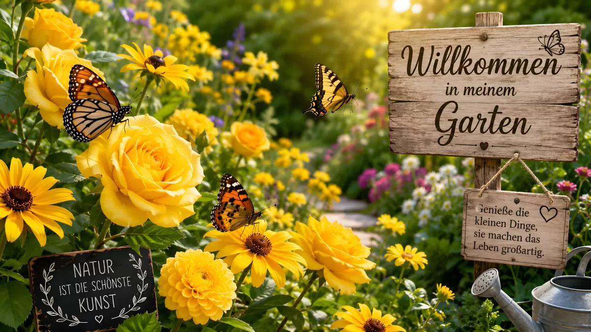 Sommerlicher Garten mit Schmetterlinge und gelben Blumen