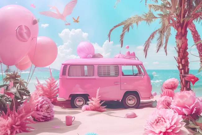 Sommerlicher rosa Camper am tropischen Strand