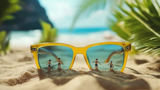 Sommerlicher Strand mit Sonnenbrille und Miniaturfiguren